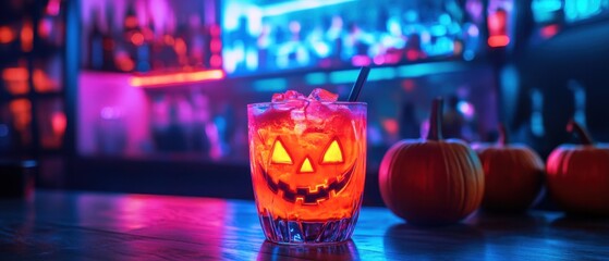 Vibrant Halloween bar with neon lights jack-o-lantern cup filled with pumpkin cocktail eerie and festive vibe