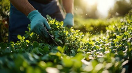 Naklejka premium wearing gloves trimming leafy plants in garden, representing nurturing care and maintenance of a thriving, green environment.