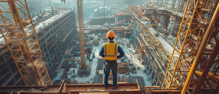 Striking editorial image of a construction worker at a massive site capturing the raw power and scale of industrial progress