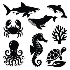 Fototapeta premium A vector illustration of black icons of sea animals. on a white background