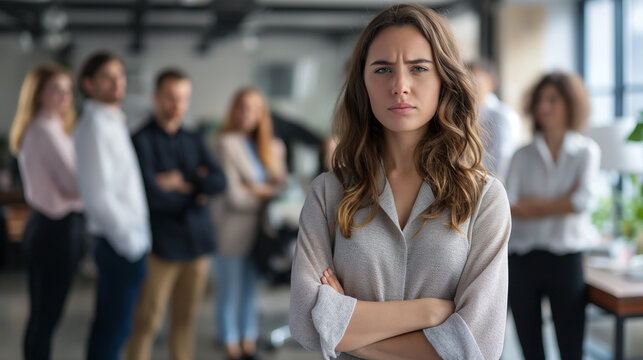 A sad, unhappy depressed businesswoman standing office and a blurred group of employees looking, laughing at her. bullying workplace, management conflict, gossiping, Gender Inequality concepts.