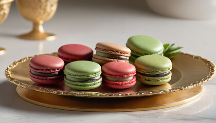 delicious green and red macaroons on plate