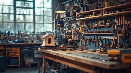  Woodworking workshop with birdhouse on workbench, surrounded by tools and natural light, ideal for crafting and carpentry projects.