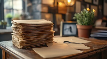  Stack of documents with envelope, scissors, and plant on wooden desk, cozy yet productive workspace for writing letters or organizing papers.