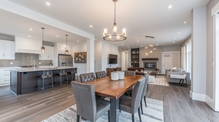 Fototapeta premium Open concept dining room in a modern home layout with kitchen AI generated image