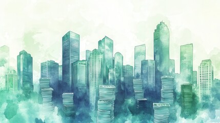 Economic Ascent: City Skyline Emerging from Cash Stacks in Watercolor Splendor