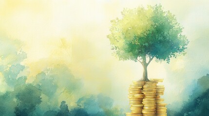 Golden Growth: Tree Sprouting from Wealth - Watercolor Financial Concept