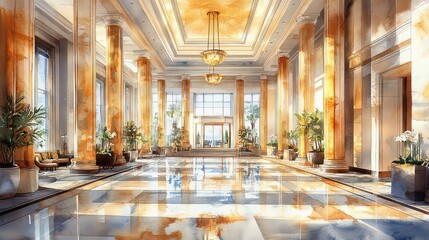 Fototapeta premium Luxurious hotel lobby with marble floors, towering pillars, and warm sunlight streaming in, creating a grand and elegant atmosphere.