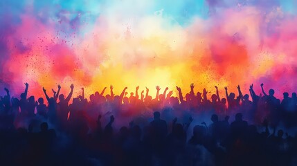  Vibrant crowd cheering at a colorful music festival, filled with energy, excitement, and celebration of life.