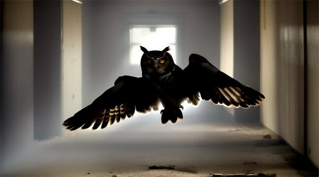 Owl Silhouette in Flight: A majestic owl soars through a dimly lit hallway, its wings spread wide and its silhouette stark against the soft light filtering through a window. This image evokes mystery 