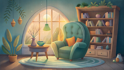 Cozy armchair with colorful pillows in a bright living room with sunshine and plants