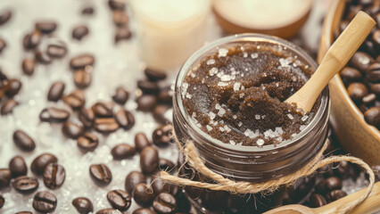 Coffee scrub in a glass jar with coffee beans on a wooden spoon, spa setting with candles and a towel. Wellness and natural skincare concept
