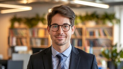 Fototapeta premium Professional man portrait. A smiling man in a suit and glasses, looking at the camera. This conveys confidence and success in the professional world.