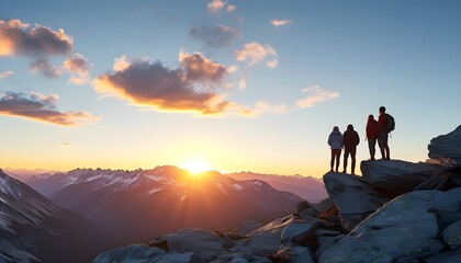 Friends enjoying a breathtaking sunset over a majestic mountain range from a scenic rock ledge