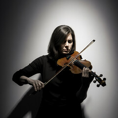 Female Focused violinist playing her violin fiddler creates art with fiddle musician in white background