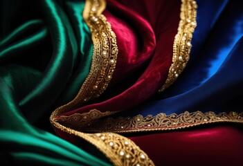 Obraz premium close luxurious textures featuring vibrant colors rich materials highlighting opulence elegance, fabric, pattern, design, style, detail, shine, surface, soft