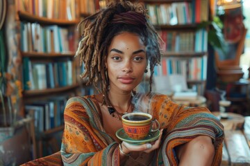 woman with dreadlocks, wearing a colorful bohemian dress, sitting in a cozy, book-filled coffee