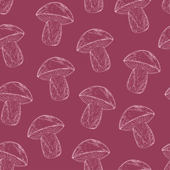 Hand-drawn autumn pattern with boletus mushrooms on a dark pink background in sketch style. Fall seamless background with subtle hand-drawn botanical elements