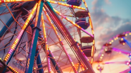 fuzzy image of a Ferris wheel at sunset with carnival lights below