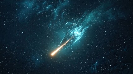 Obraz premium A stunning digital rendering of a comet soaring through a dark, starry universe, leaving a bright trail of light.
