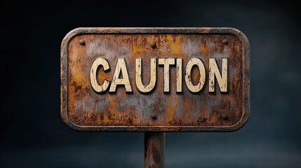 Rusty Caution Sign on Dark Background