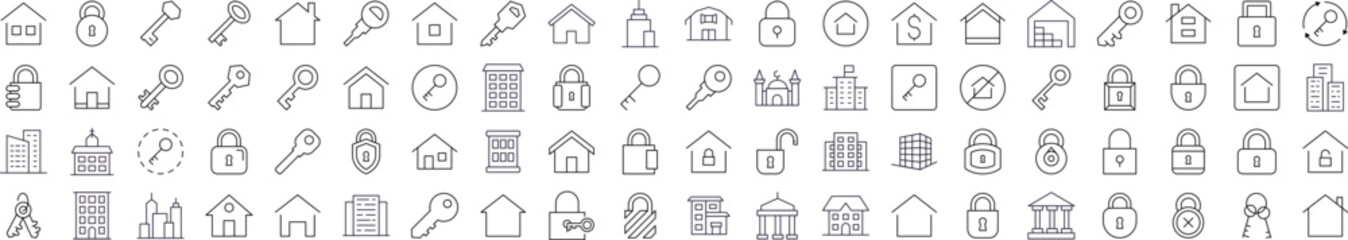 House and Real Estate Outline Web Line Icons Collection. Editable Stroke. Minimalistic Linear Pictogram for Design of Cards, Apps, Banners, Posts