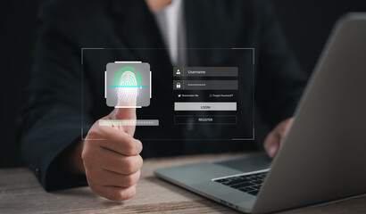 businessman authenticates his identity through advanced fingerprint recognition on sleek virtual interface, ensuring a secure, seamless login process on laptop, protecting sensitive data with ease.