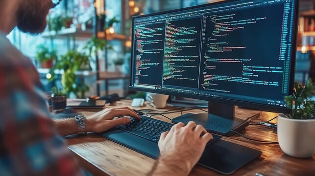 Programmer working on code at his desk.