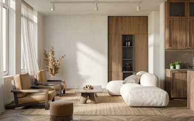 Studio room interior with cooking area, white walls, hardwood flooring and modern wood furniture. Minimalist design, 3d rendering
