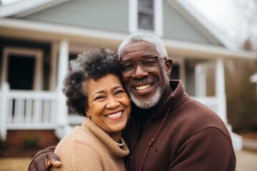 Fototapeta premium Portrait of a smiling senior black couple in front of their house