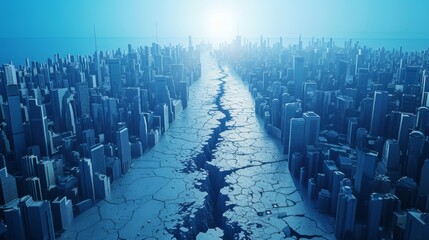 Obraz premium A deep fissure runs through a modern cityscape, dramatically splitting the ground under a serene blue sky. This image highlights the vulnerability of urban areas to natural disasters like earthquakes