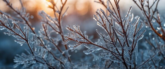 Natural background with shrub branches in the ice crust.