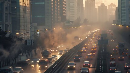 A bustling cityscape at dusk with heavy traffic and fog, showcasing urban life and environmental challenges.