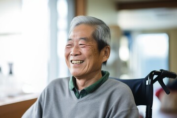 Fototapeta premium Smiling portrait of a senior Asian man in wheelchair at nursing home