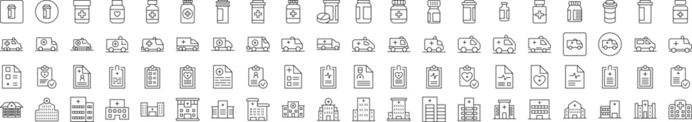 Related Icon Set. Contains Icons of Hospital, Ambulance, Pills, Prescription for Banners, Infographics, Books, Articles and Other Types of Design