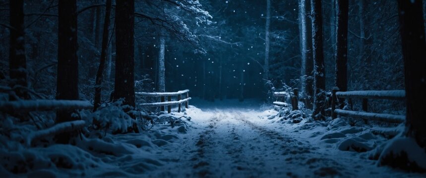 Snow falling at night in a snowy dark forest.