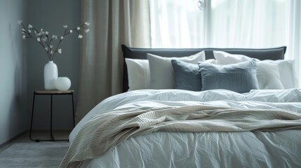 A bedroom with a white bed and a plant.