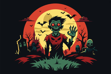 Spooky Blood Moon Cemetery & Zombies Halloween T-Shirt Design vector illustration