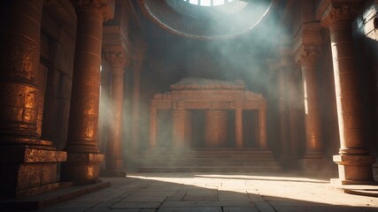 Ancient Temple Interior with Sunlight Beams.