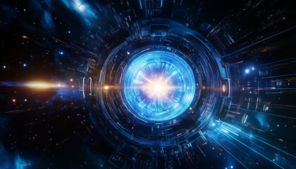 Obraz premium Light rays emanate from the center of a circular portal gate, rendered in a digital style.