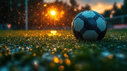 Fototapeta premium soccer field closeup glistening wet grass dramatic lighting goal post silhouette sports photography style