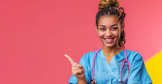 Smiling Young African American Nurse with Braids Pointing to the Side Isolated on Colorful Background Wearing Blue Scrubs and Pink Stethoscope, Professional Healthcare Concept