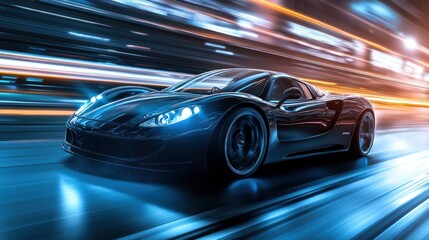 Black Sports Car Speeding Through City Lights