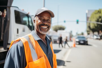 Portrait of a smiling middle aged male sanitation worker