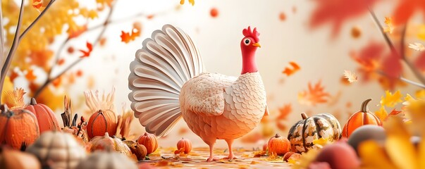 A charming turkey stands proudly among colorful autumn leaves and pumpkins, capturing the essence of the fall harvest season.