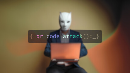 Cybersecurity concept qr code attack on foreground screen, hacker silhouette hidden with low poly style mask. Vulnerability and attack on colored code editor. Text in English, English text