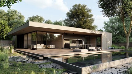 Fototapeta premium A modern house with a pool and patio.