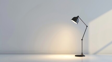 A black floor lamp in a room with a white wall.