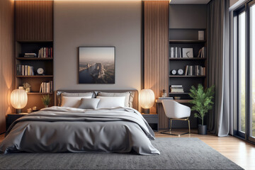 photo of a modern apartment bedroom with designer interior and furniture, luxury interior architecture design idea