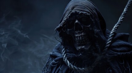 Creepy halloween grim reaper wearing black rope AI generated image